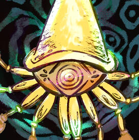 Any questions about the path you will take..? The image shows iguin's mask, a large yellow eye, attached to a simple yellow hat on the top and yellow tassels along the bottom of the mask